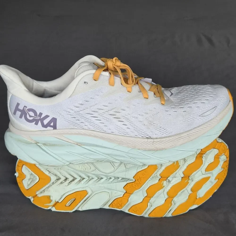 Hoka One One Womens Sz 10.5B Clifton 8 Running Shoes Sneakers Yellow White